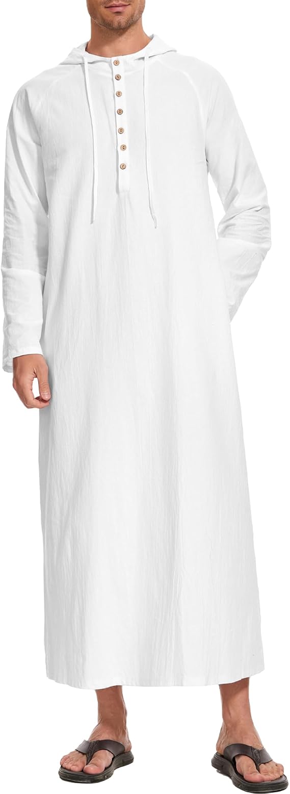 NANAMEEI Thobe for Men Linen Hooded Kaftan Big and Tall Arabic Thobe Caftan