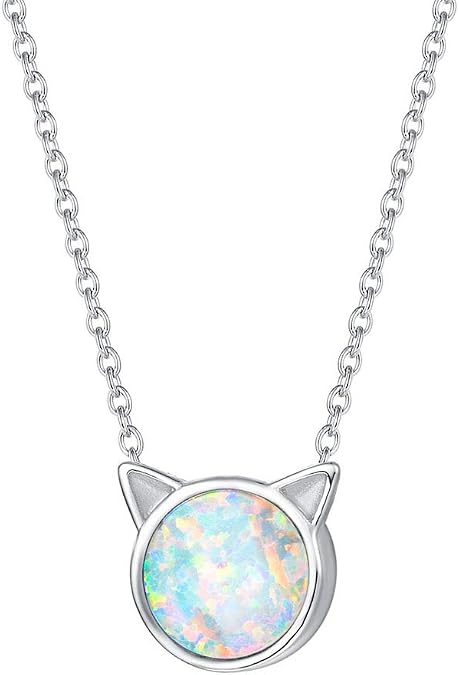 FANCIME Sterling Silver White Created Opal Cute Cat Pendant Necklace Small Dot Round Disc Fine Jewelry For Women 16+2 inch Extender