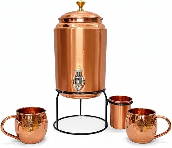 Pure Copper 5L Water Dispenser Tank with Stand, 1 Glass (300ml), 2 Moscow Mule Mugs & 1 Extra Tap Includes Free 4-Piece Brass Cutlery Set