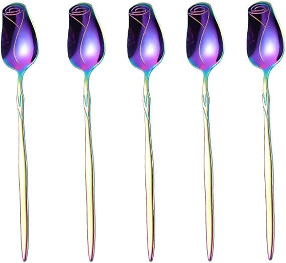Stainless Steel Spoon Set - 5 Pack, Rose Flower & Dessert Spoons, Cute (Colorful)