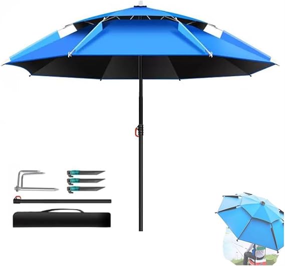 Windproof Beach Umbrella 8.5ft, Portable Folding Parasol with 360 Tilt and Anchor, UV Protection Sunshade for Fishing, Market, Outdoor(Azul,2.4 m(8ft))
