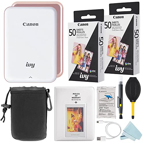 Canon Electronics Ivy Mini Smartphone Photo Printer Rose Gold Bundled with Zink Photo Paper 100 Sheets  Photo Album  Pouch & More Complete Accessory Bundle
