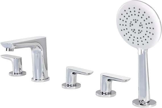 5 Hole Roman Tub Faucet with Sprayer, Chrome Bathtub Faucet Set 3 Handle, 5 pc Deck Mount Tub Faucet with Hand Shower, Bathroom High Flow Deck Mount Tub Filler Brass - Huifeidezhu