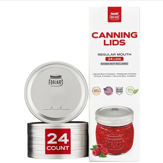 FORJARS - Canning Lids Regular Mouth, 24-Pack Create Airtight Seals on Mason Jars to Preserve Food for Meal Prep & Food Storage 2.7 In. Steel Lids with Silicone Seals Canning Supplies