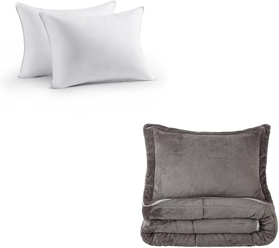 Bedding Combo, Down Alternative Sleeping Pillow Insert 2 Pack, Ultra-Soft Sherpa Comforter Set (Charcoal, Queen)
