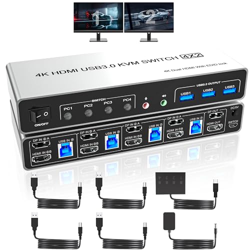 USB 3.0 DisplayportHDMI KVM Switch 2 Monitors 4 Computers, 4K@60Hz KVM Switch Dual Monitor 4 PC with 3 USB 3.0 Ports and Audio Microphone, 4 Port HDMIDP Monitor Switch for 4 PC 2 Monitors