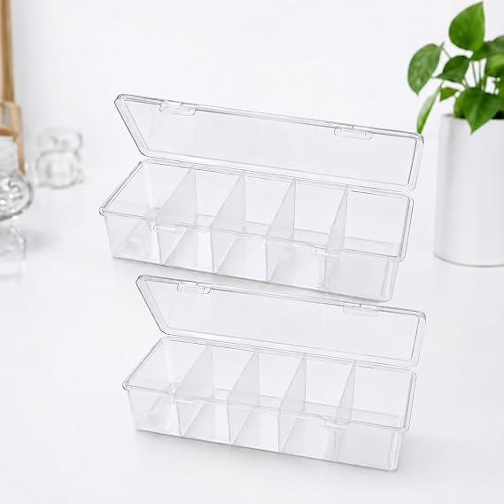 5 Bölmeli Şeffaf Düzenleyici Kutu, Kapaklı Çok Amaçlı Organizer; Takı, Makyaj, Ofis, Aksesuar ve Dikiş Malzemesi Kutusu, 28x6 cm
