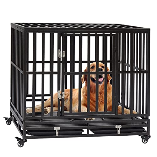 42 Inch Heavy Duty Dog Crate Cage Kennel with Wheels Sturdy Locks Design, Double Door and Removable Tray Design Crate for Medium and Large Dogs
