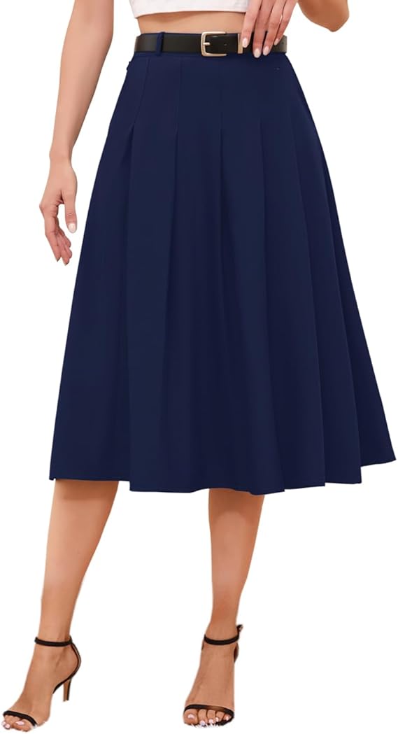 Girls Womens High Waist Pleated Long Skirt with Pockets