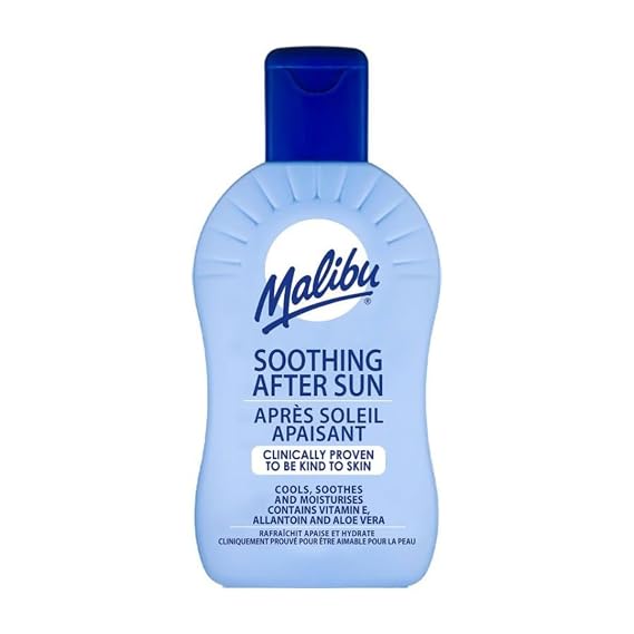 Malibu After Sun Lotion 6.76 fl oz Cooling Aloe Vera & Vitamin E Moisturizer for Sunburn Relief, Hydrating Post Sun Care for Face & Body, Fast-Absorbing, Made in UK