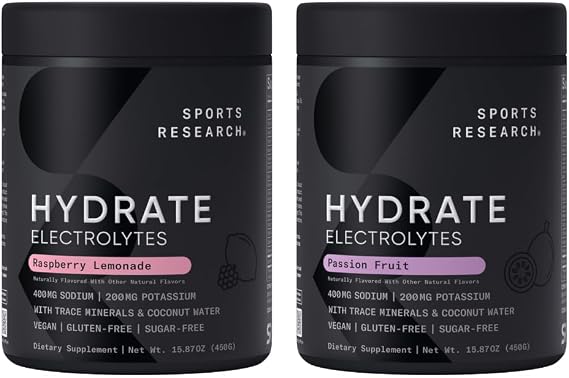 Sports Research Hydrate Electrolytes Powder - Sugar-Free & Naturally Flavored with Vitamins, Minerals, and Coconut Water - Supports Hydration - Raspberry Lemonade & Passion Fruit