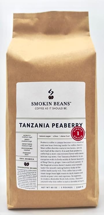 Smokin Beans Tanzania Peaberry, Unroasted Green Coffee Beans, 5-Lb, 1ct