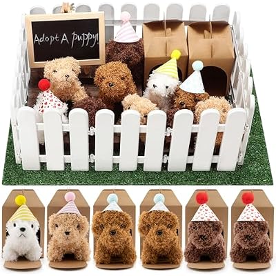 Rigibright 90Pcs Adopt A Puppy Party Favors Mini Plush Stuffed Animals Set Includes 24 Mini Dogs Birthday Hats White Plastic Fence with Artificial Lawn for Adopt A Pet Theme Birthday Party