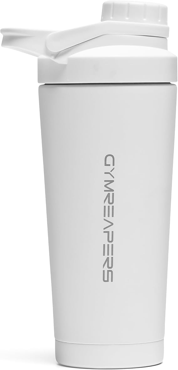 Gymreapers Stainless Steel Protein Shaker Bottle - Double Wall Insulated, Leak Proof, BPA-Free Metal Vacuum Blender Cup For Gym, Sports, Pre & Post-Workout Cold Hydration - 26 OZ (White)