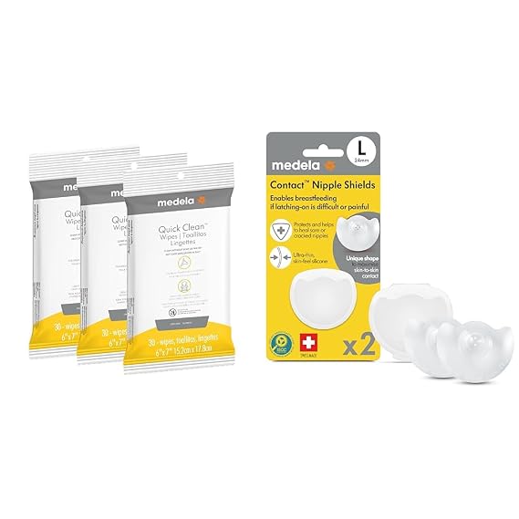 Medela Breastfeeding Essentials Bundle - Breast Pump Wipes 90 Count 3 Pack and Nipple Shields for Latching Difficulties 2 Count