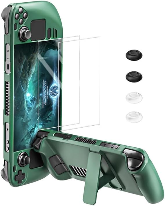 bibuks ﻿Steam Deck Case,Steam Deck OLED Protective Case,Non-Slip Skin Protective Shell Accessories with Kickstand ,2 Screen Protector, 4 Thumb Grip (Green)
