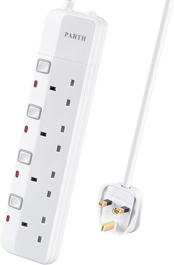PARTH 4 Way Protected Extension Lead with Individual Switches 2m Long Cable Safety Wall Mounted Extension Cord for UK Plugs 3250w 13Amp Multi Sockets 2 Metre Power Strip for Home Office School Hotel