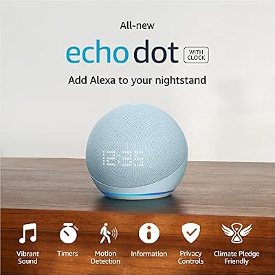 Like-New Amazon Echo Dot (5th Gen) with clock | Compact smart speaker with Alexa and enhanced LED display for at-a-glance clock, timers, weather, and more | Cloud Blue