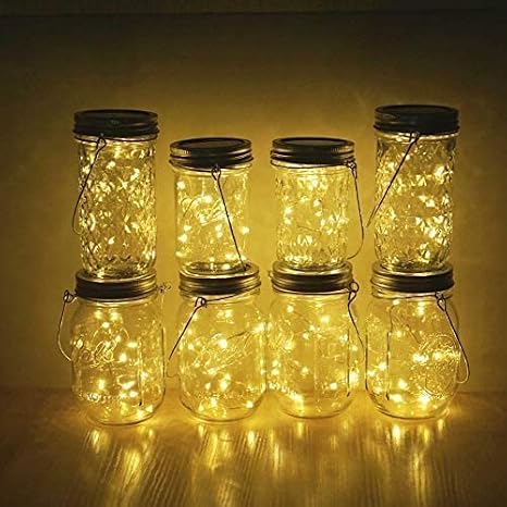 Solar Mason Jar Lid Lights, 8 Pack 20 LED Waterproof Fairy Star Firefly String Lights with (8 Hangers Included,Jars Not Included), for Mason Jar Table Garden Wedding Party Decor (Warm White)