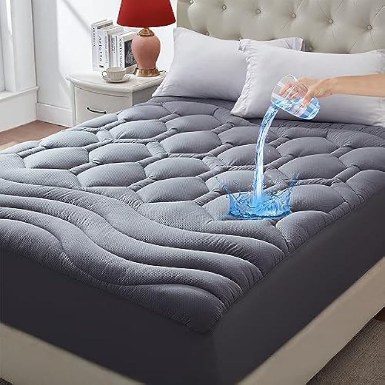 Twin Size Mattress Pad Waterproof, Pillow Top Cooling Twin Mattress Topper for Single Bed, Pee Proof Mattress Protector Cover Quilted Fitted with 8-21 Deep Pocket 39x75 inch, Grey
