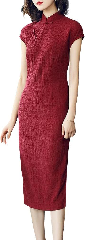 Women's Summer Cheongsam Cap Sleeve Midi Dress Traditional Chinese Mandarin Collar Side Slit Qipao Vintage Dress