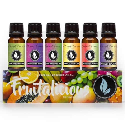 Eternal Essence Oils Fruitalicious Set of 6 Premium Fragrance Oils - Violet Sugar, Kiwi Watermelon, Orange Chiffon Cake, Cucumber Melon, Portuguese Pomelo, and Dragon Fruit Berry Scented Oils - 10ML