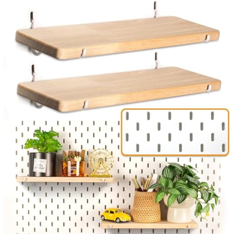 2 Pack Pegboard Shelves, Solid Wood Wall Shelf with Hooks, Compatible with IKEA Skadis Pegboard, Organizer Accessories for Home & Office