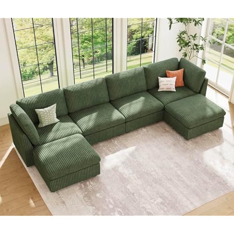 Belffin Modular Sectional Sofa with Storage Ottoman, Oversized Cloud Couch Sectional with Extra Deep Seat, Convertible Upholstered U Shaped Sectional Couches for Living Room, Plush Corduroy Green