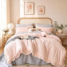 JANZAA Blush Pink Comforter Set Queen Soft Microfiber, Lightweight All Season Bedding, Ruffle Shabby Chic Aesthetic, Breathable Cozy Bed Set with 2 Pillow Shams, Machine Washable