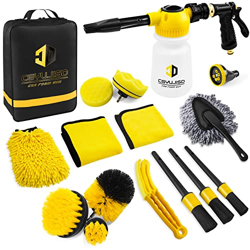 Car Wash Kit with Car Wash Foam Gun Sprayer, Drill Brush Set, Car Detailing Brush Kit, Sponge Polishing Pads, Foam Cannon for Car Cleaning and Garden Use, Quick Connects to Most Garden Hose