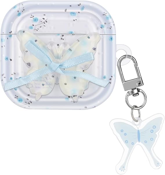 CameCosy for AirPods 4 2024 Case Cover with Butterfly Pendant, Blue Butterfly & Bow Design for Women Girls Protective Shockproof Soft TPU Premium Cover for AirPods 4th Generation