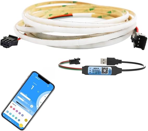 USB BT SP621E +DC5V 5mm WS2812B COB LED Strip Smart Individually Addressable High Density 160Leds/m Flexible Pixel Light (3.28Ft Strip+USB Controller)