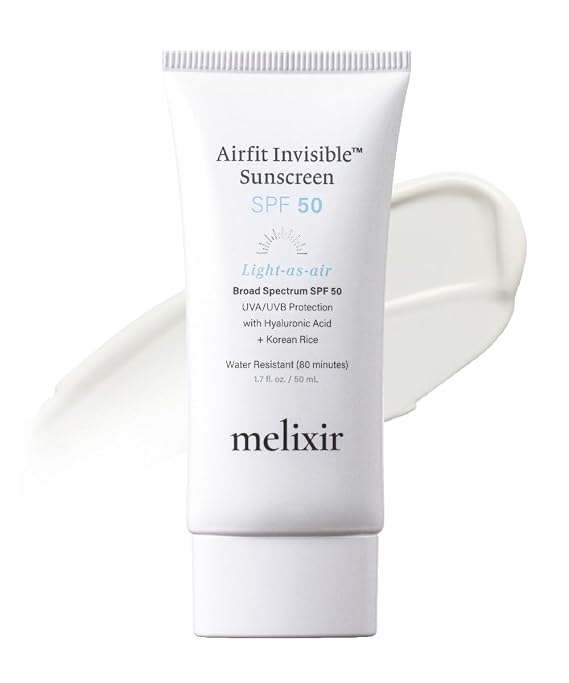 Melixir Airfit InvisibleTM Sunscreen SPF 50, Broad Spectrum Korean Rice Sunscreen for Face, Hyaluronic Acid, Moisturizing Daily Protection for Sensitive Skin, No White Cast, Waterproof (1.7fl.oz./50ml)