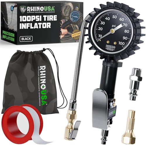 Rhino USA Tire Pressure Gauge with Inflator 0-100 PSI - Heavy Duty Air Chuck and Compressor Accessories with Stainless Braided Hose, Large Analog Dial and Solid Brass Hardware for Truck and RV