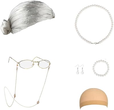 Old Lady Costume for Women Old Lady Wig Grandma Granny Wig and Glasses Old People Cosplay for 100th Day of School Party