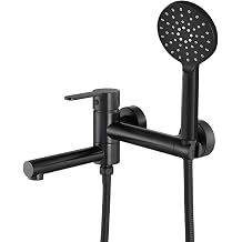 Wall Mount Bathtub Faucet with Handheld Shower Sprayer Black Tub Faucet Filler 6 Inch Center Adjustable Foldable Spout