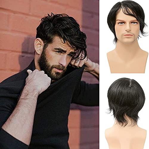 Mens Toupee Soft Thin Skin 0.06mm PU 10x8inch Hair Replacement for Mens Hairpiece 100% European Human Hair Pieces for Man #1 Jet Black Color