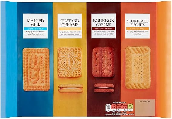 Variety Pack Biscuits 700g, Malted Milk, Custard Creams, Bourbon Creams, Shortcake, Suitable for Vegetarian