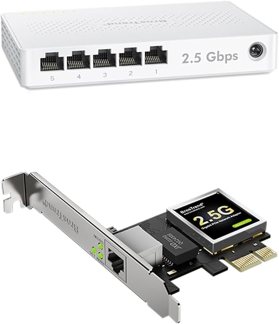 BrosTrend 5 Port 2.5GB Switch, 2.5 Gigabit Unmanaged Ethernet Switch, Fanless Plug & Play + 2.5Gb Network Card, PCIe Ethernet Card with Extra Low-Profile Bracket for Windows, Both Lifetime Protection
