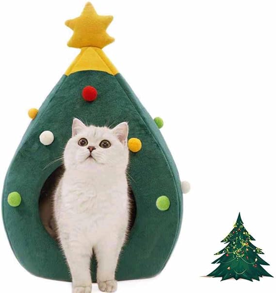 Christmas Cat Beds - Xmas Tree Shaped Cats House Igloo Beds Portable Green Pet Cave Bed for Kitten 38cm x 38cm x 50cm