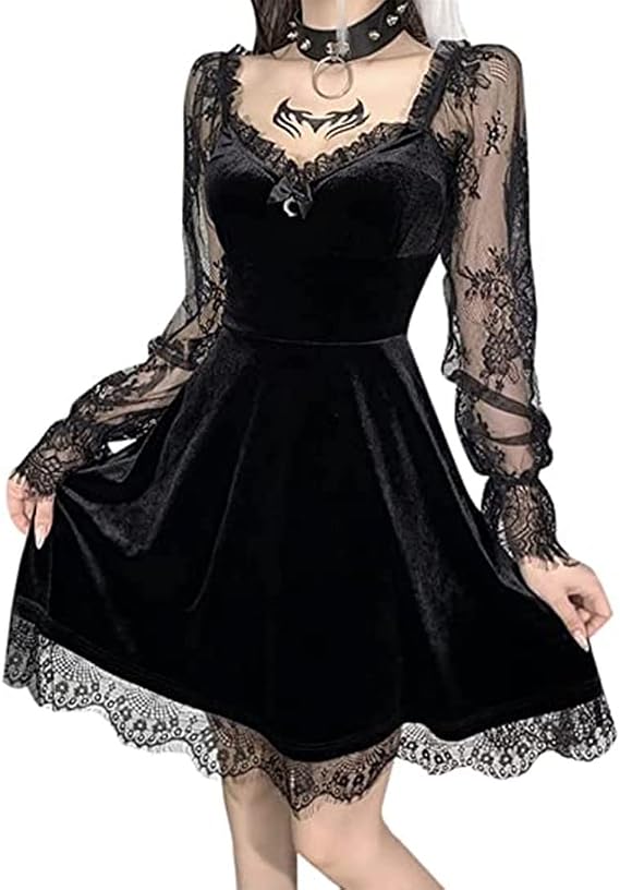 Gothic Dress,Black Gothic Clothes for Women Vintage, Lace Mini Alt Dress Sexy Bodycon Long Sleeves