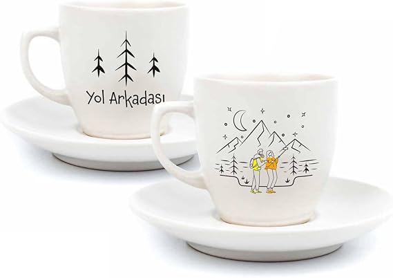 Yol Arkadaşı Temalı 2 Kişilik 4 Parça Krem Türk Kahvesi Fincan Seti - Hediyelik Kahve Fincanı Seti