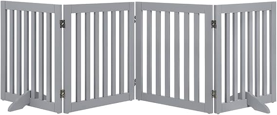 unipaws Freestanding Pet Gate, Folding Wooden Dog Gate, Indoor Barrier with 2PCS Support Feet (61cm Height, 4 Panels) Light Grey