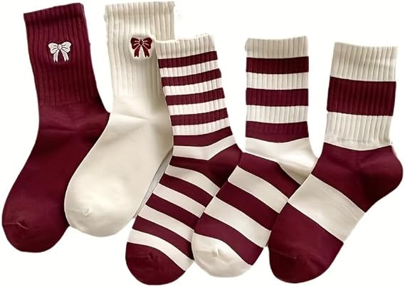 Burgundy Striped Socks 5 Pcs Set Winter Crew Socks Women Y2k Cute Warm Aesthetic 2025 Fall