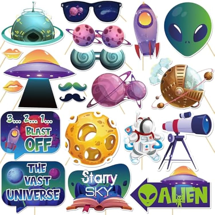 20 Pcs Space Photo Booth Props Kit, Kids Boys Girls Birthday Selfie Decorations, Baby Shower, Galaxy Outer Space Planet Birthday Party Photography Supplies