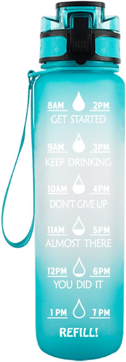 32oz Motivational Fitness Sports Water Bottle with Time Marker & Removable Strainer,Fast Flow,Flip Top Leakproof Durable BPA Free Non-Toxic(Color:G)