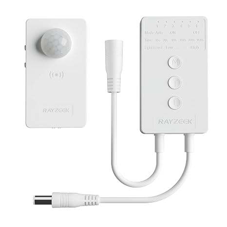 RAYZEEK Wireless Motion Sensor Controller Kit - No Wiring Mini PIR Sensor Switch 12/24VDC RF Wireless Control Led Strip Lights with Dimmable, Timer for Stairway