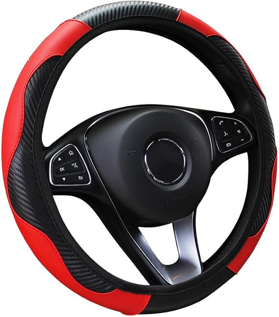 Car Steering Wheel Cover Leather,Anti-slip Breathable Carbon Fiber Sports Elastic Band Without Inner Ring Steering Wheel Cover Universal Size for Fit Four Seasons(Black-Red)