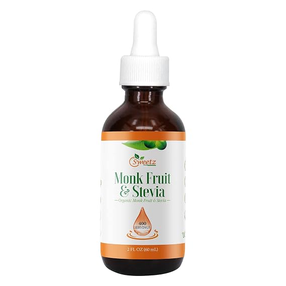 Monk Fruit & Stevia Liquid Sweetener Drops - Natural Sweeteners & Sugar Alternatives - Delicious Blend with No Bitter Aftertaste - Concentrated Sweetener Liquid Drops Extract 2 FL OZ Glass Bottle (400 Servings)