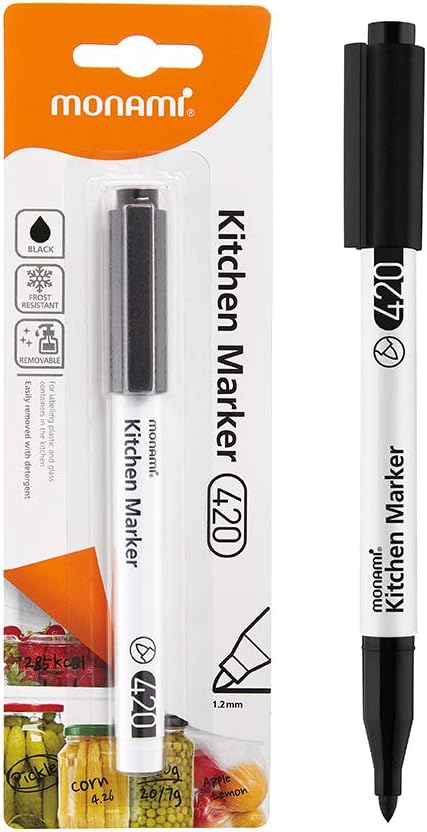 MONAMI Kitchen Marker 420, Fine Tip (1.2mm), Permanent Marker for Plastic Freezer Bags, Food Storage Containers, Ziploc, Erasable with Dish Detergent, Black, 1pc
